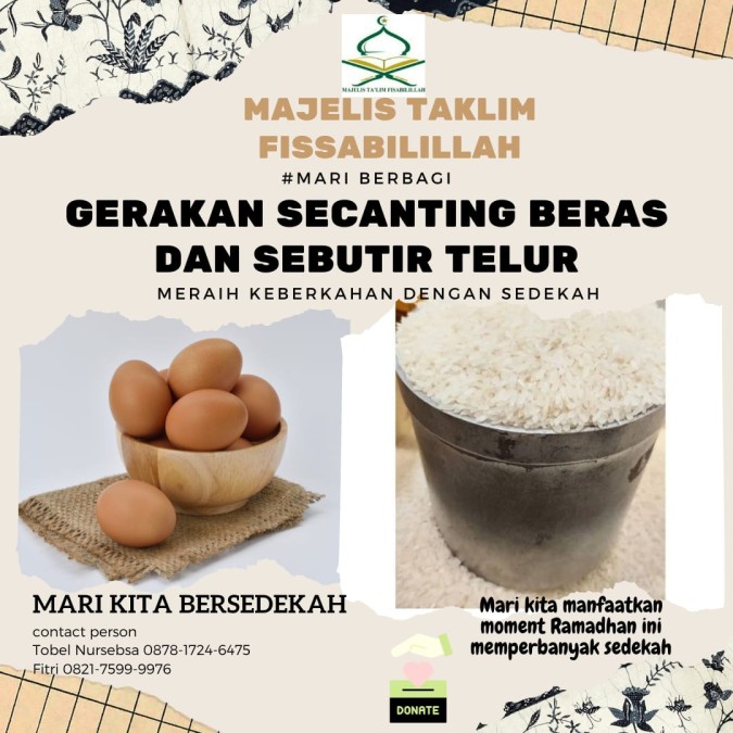 Bulan Ramadhan 1445 H, Majelis Ta’lim Fissabilillah Lakukan “Gerakan Secanting Beras dan Sebutir Telur”