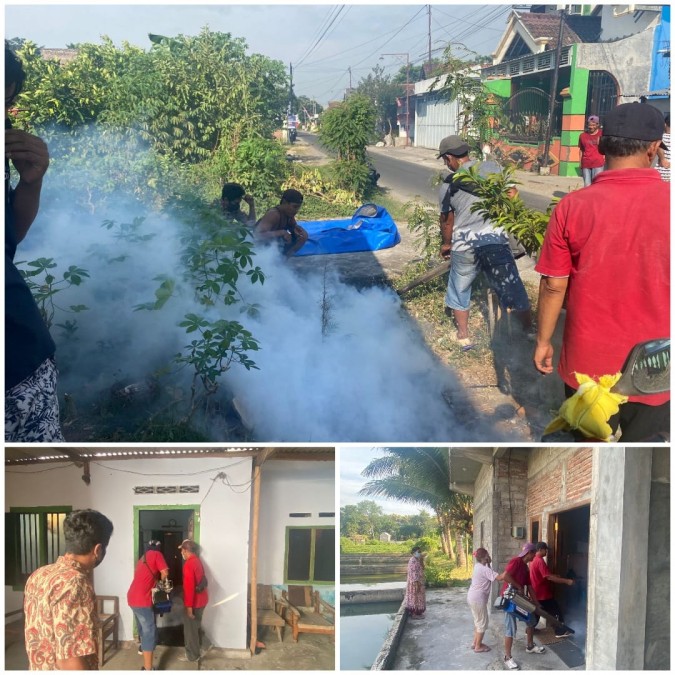 Cegah Penyebaran DBD, Pemdes Gedangsewu Bersama Warga Lakukan Fogging